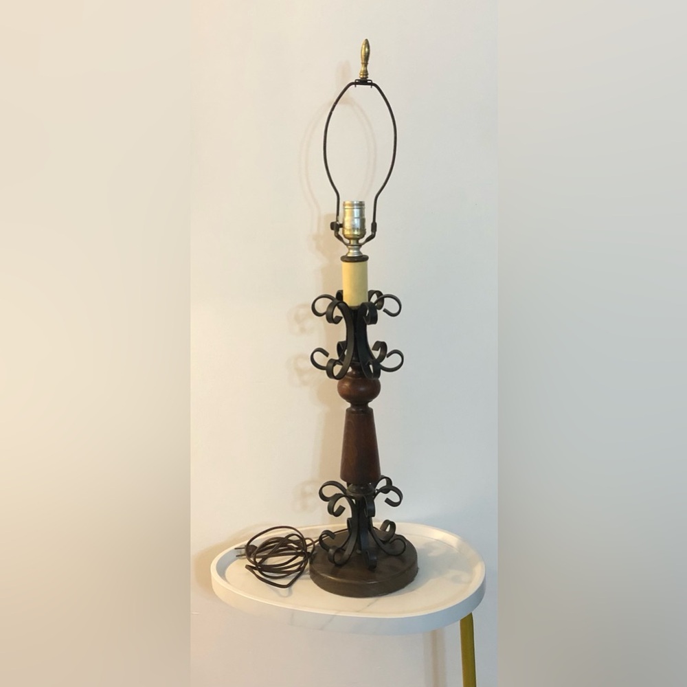Vintage-Style Black and Brown Table Lamp with Scroll Metal Accents.